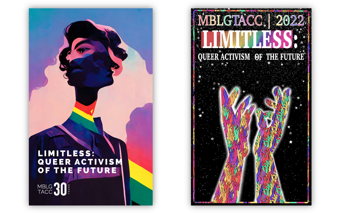 Designs by Nolan Mathieu Frank (left) and Maliya Brooks (right) for MBLGTACC